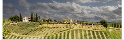 Tuscan Landscape Under Thunder Clouds, Farmhouse With Vineyard, Tuscany, Italy