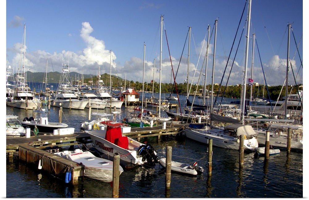 Caribbean, U.S. Virgin Islands, St. Thomas, Red Hook. Popular pier area near the ferry dock. Island of St. John in the dis...