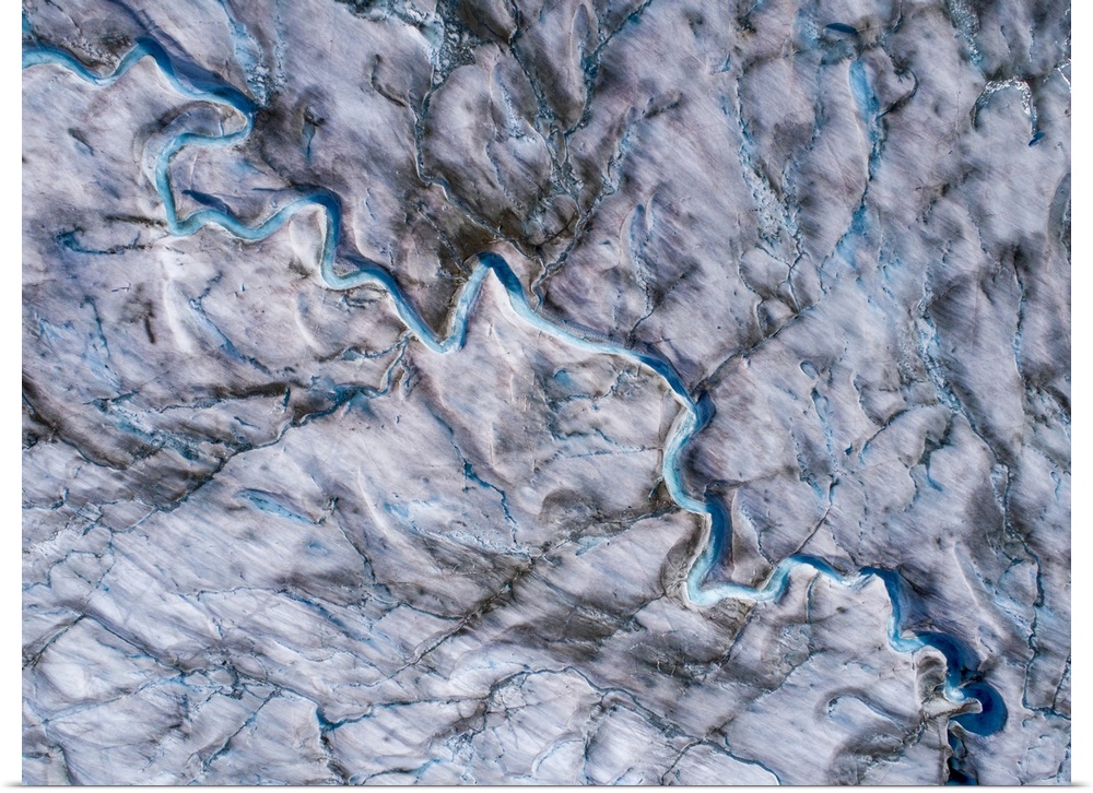 USA, Alaska, Tracy arm-fords terror wilderness, overhead aerial view of meltwater streams and ponds on crevassed surface o...
