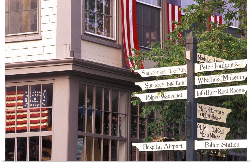 NA, USA, Massachusetts, Nantucket Island, Nantucket Town.Road signs and flags; patriotism