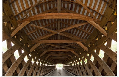Vermont, Bennington, wooden beams inside Paper Mill Covered Bridge