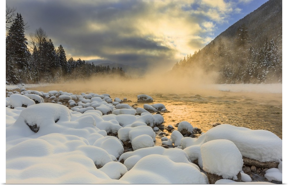 Very cold sunrise over the South Fork of the Flathead River in Hungry Horse, Montana, USA