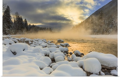 Very cold sunrise over the South Fork of the Flathead River in Hungry Horse, Montana