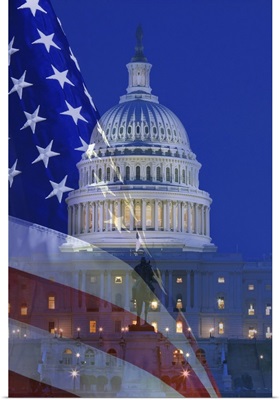 Washington, DC. Digital composite of American flag superimposed over US Capitol building