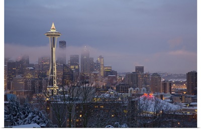 Washington, Seattle, Kerry Park, view of the Space Needle, with fresh snow