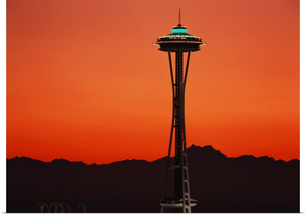 USA, Washington, Seattle, Space Needle at sunset.