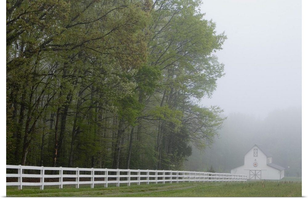 White farmhouse and fence in mist, Powhatan, Virginia, United States.