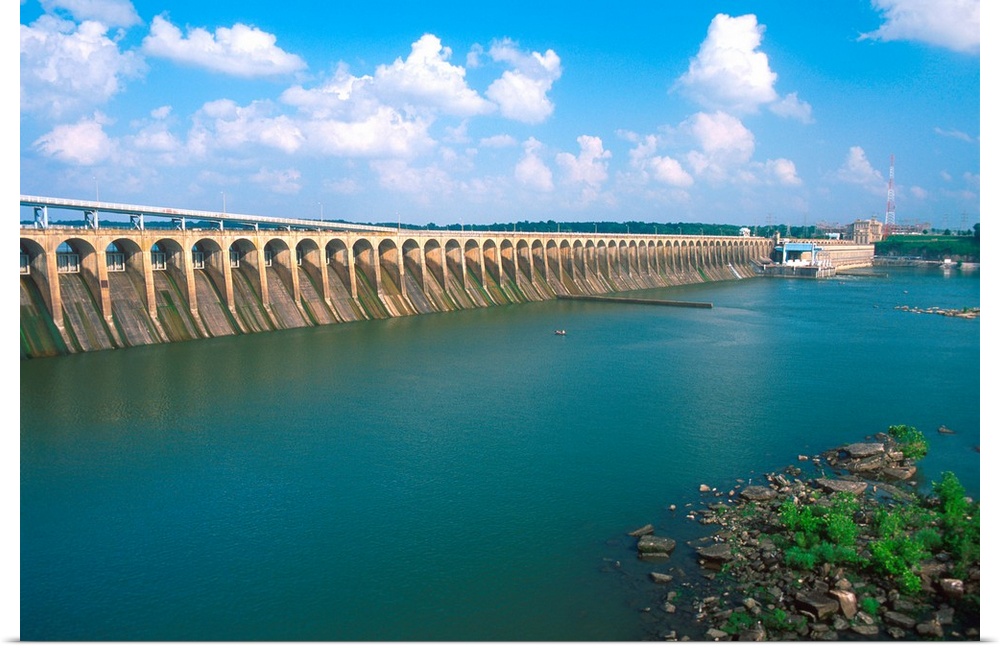 Wilson Dam near Mussel Shoals, Alabama operated by the Tennessee Valley Authority. The dam generates electricity and forms...
