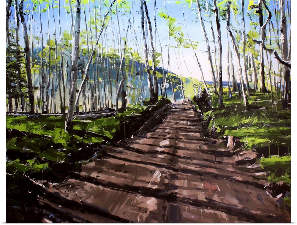 Contemporary painting of a dirt road through a forest in Colorado.