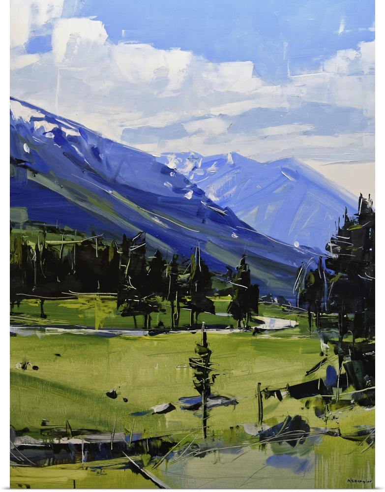 Contemporary palette knife painting of a green valley under a blue sky in the Colorado Rocky Mountains.