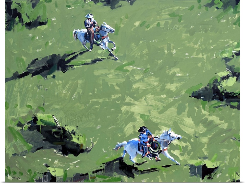 Painting of an aerial view of two people of horseback, riding through a green field.