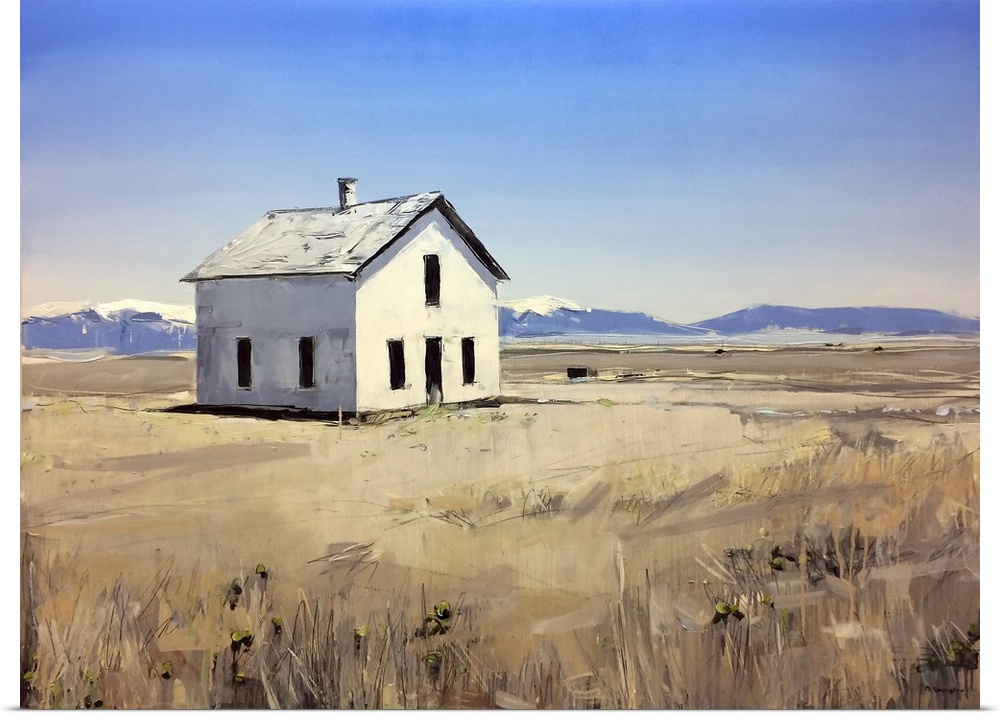 Contemporary painting of a white house in a field, under a blue sky.