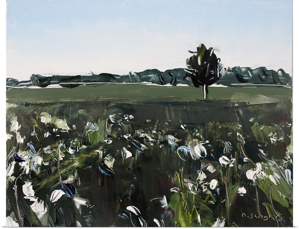A contemporary painting of a cotton field with a line of trees in the background.