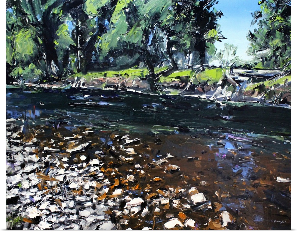Contemporary palette knife painting of a rocky creek in Montana.