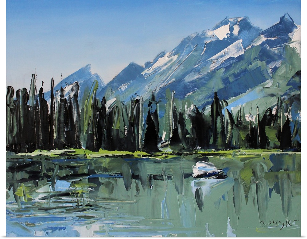 Contemporary palette knife painting of green trees lining a body of water with mountains in the background.