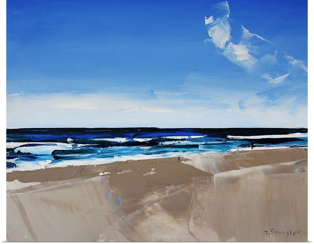 Contemporary painting of a view starring out at the sea from a beach.