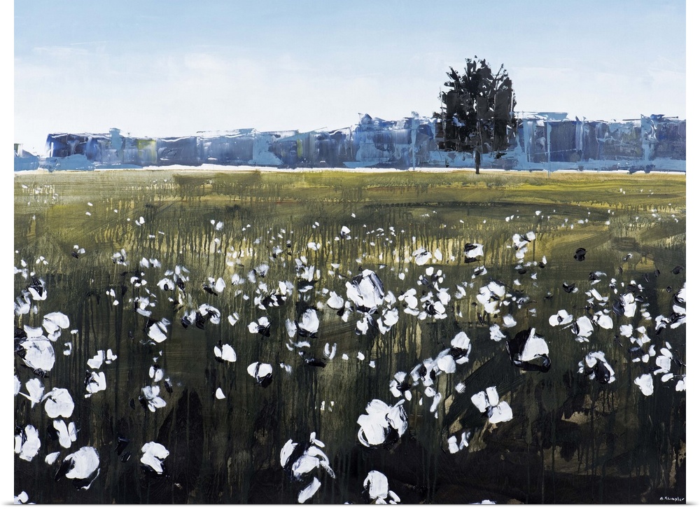 Contemporary painting of a cotton field in the countryside.