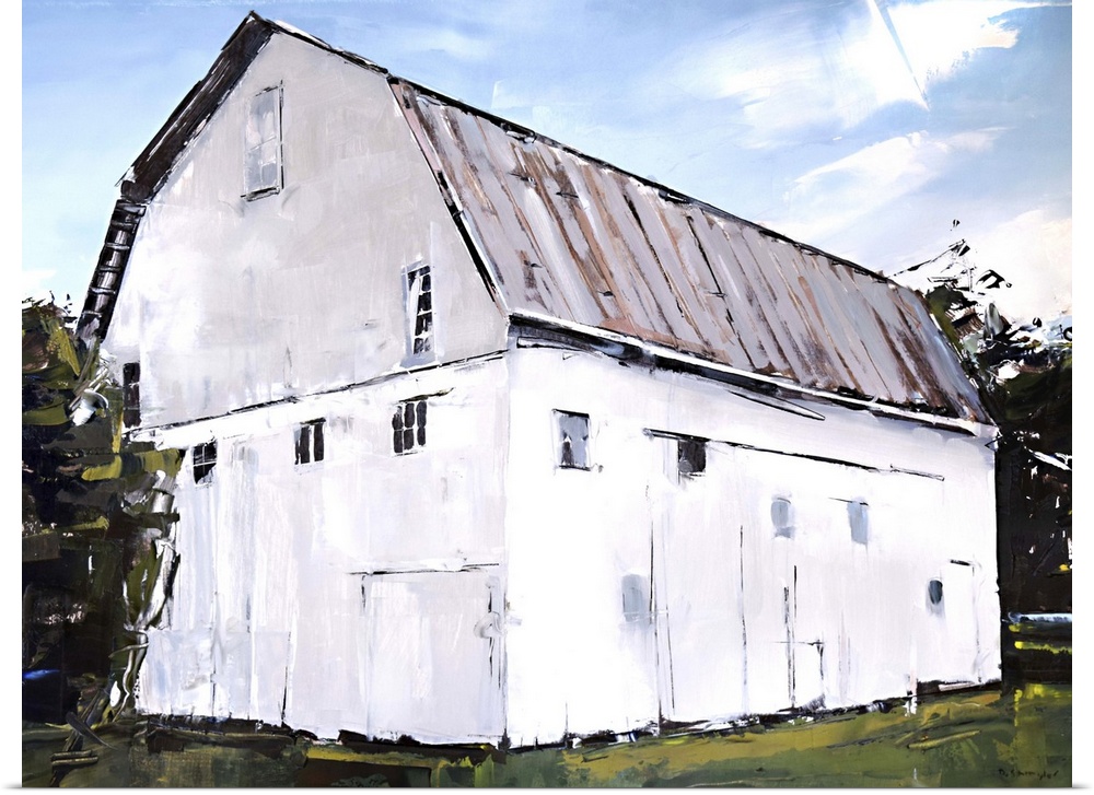 Contemporary painting of a large white barn surrounded by dark trees, under a blue sky.