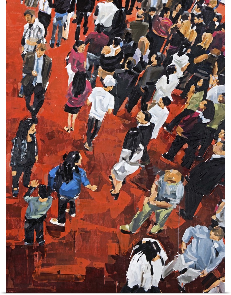 Contemporary painting of a view of people standing on a red carpet from above.