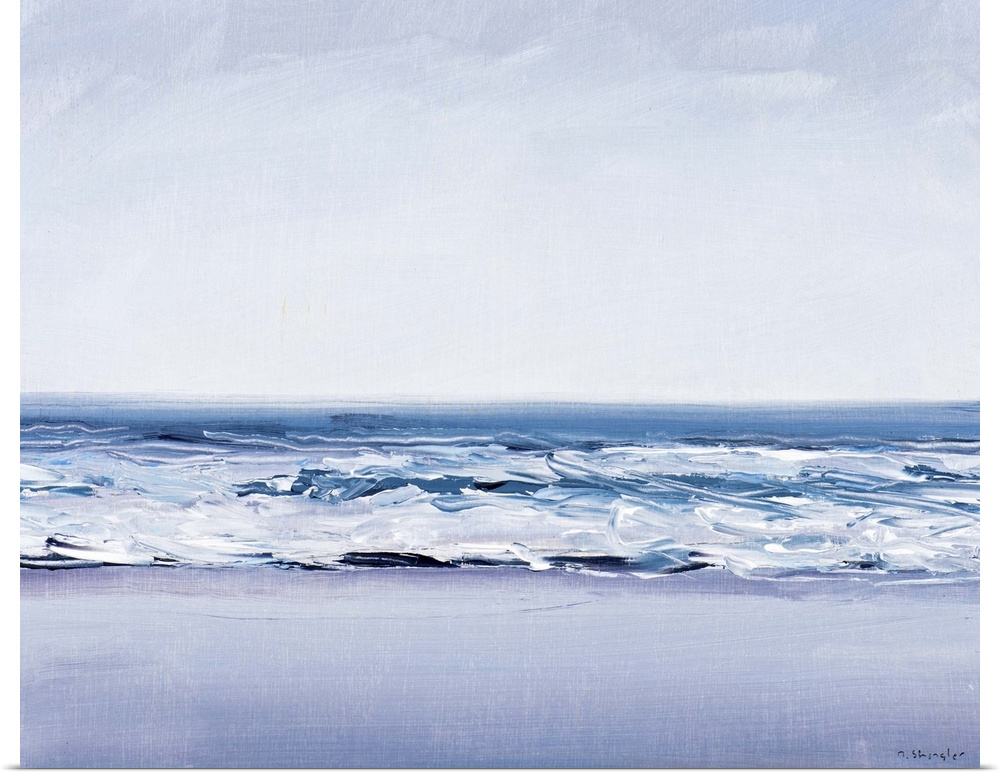 Contemporary painting of a view starring out at the sea from a beach.