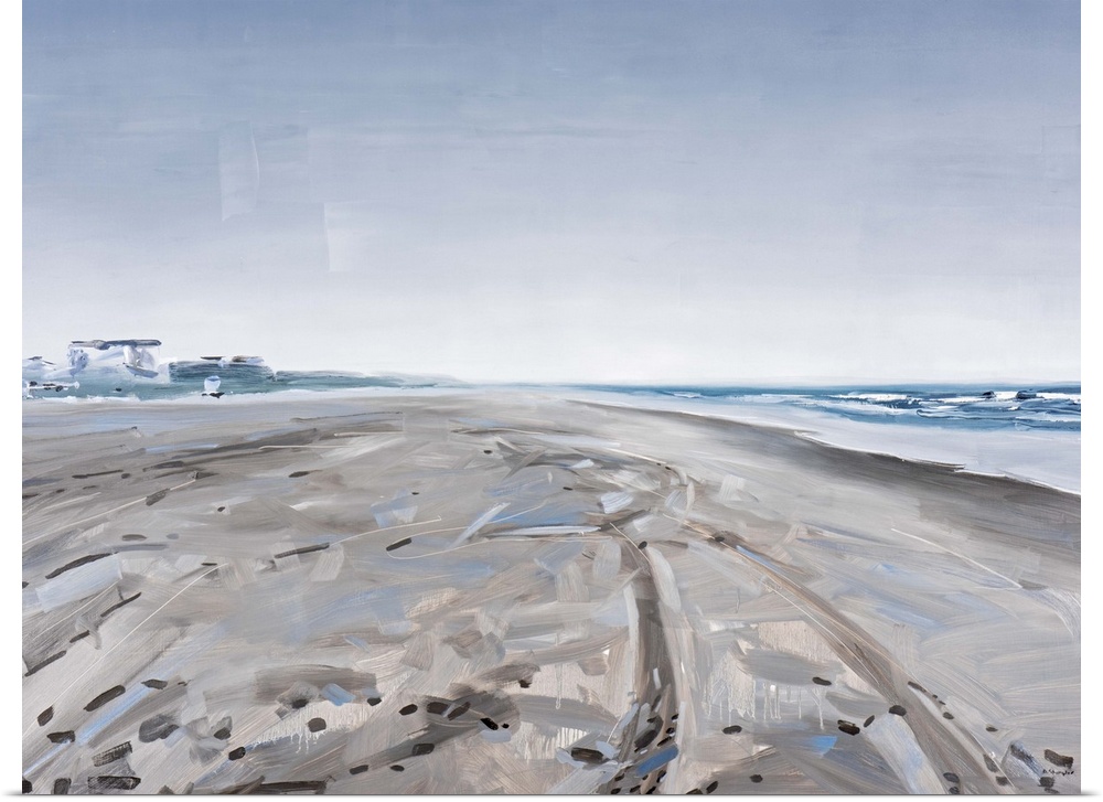 Contemporary painting of a beach with tire tracks imprinted in the sand.