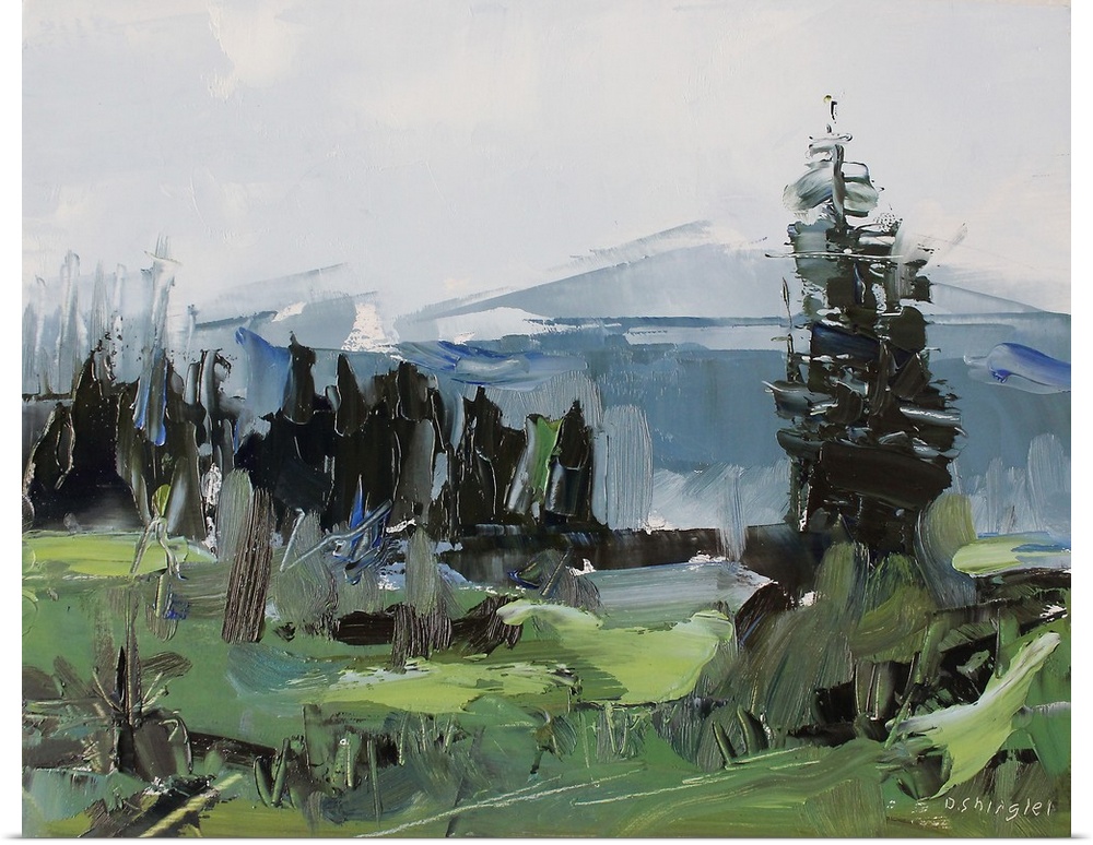 Contemporary palette knife painting of a green valley under a gray sky in the Colorado Rocky Mountains.