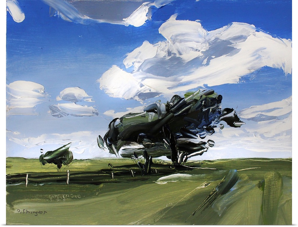 A contemporary painting of a green field with trees under a sky filled with gray clouds.