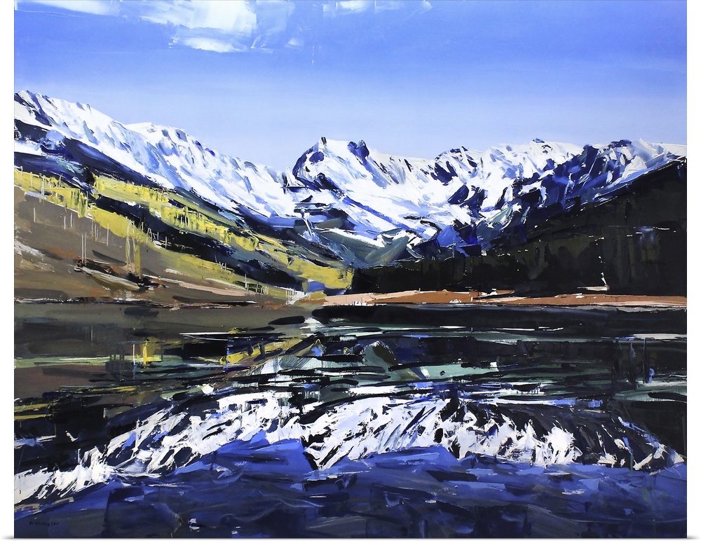 Contemporary palette knife painting of a lake with snow covered mountains reflecting in the water.