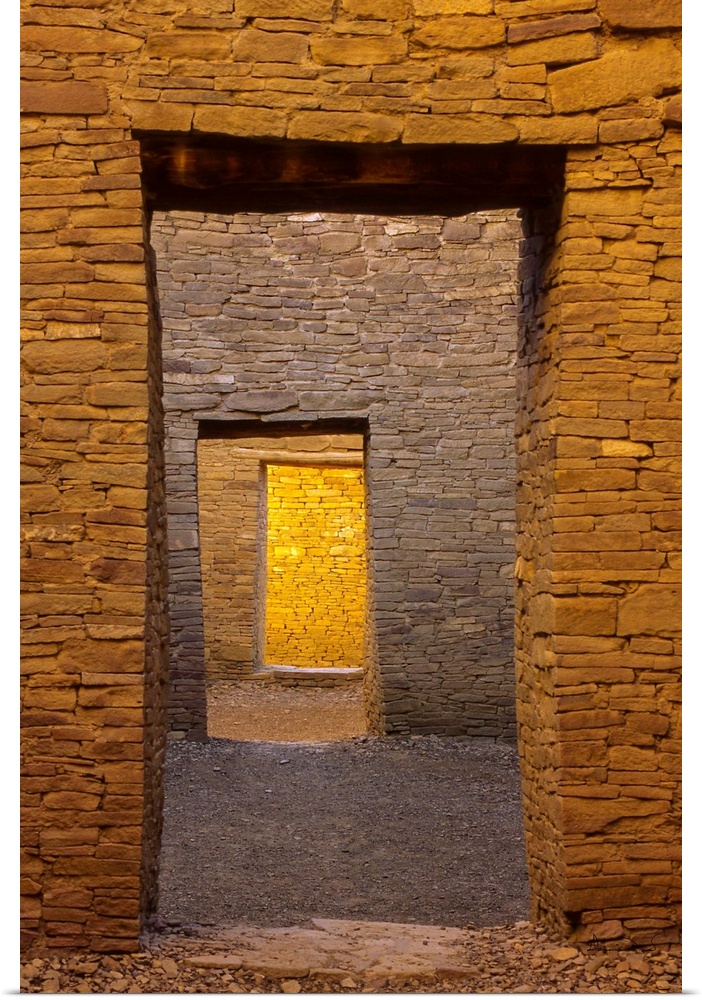 Stone doorway with room views beyond at Bonito Pueblo, Chaco Canyon, New Mexico, USA.