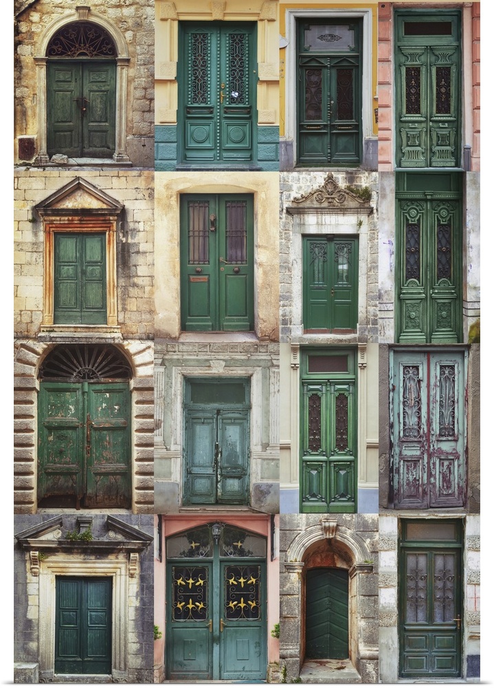 A photo collage of 16 colorful front doors to houses and homes.
