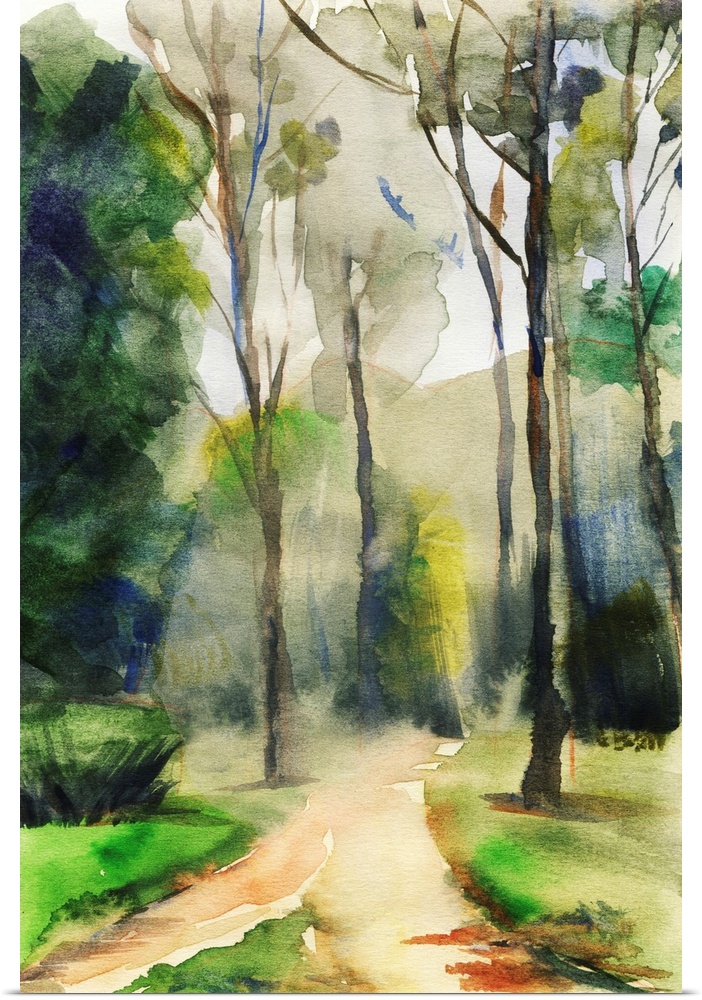 Abstract landscape with trees and walkway. Originally a watercolor illustration in sketch style.