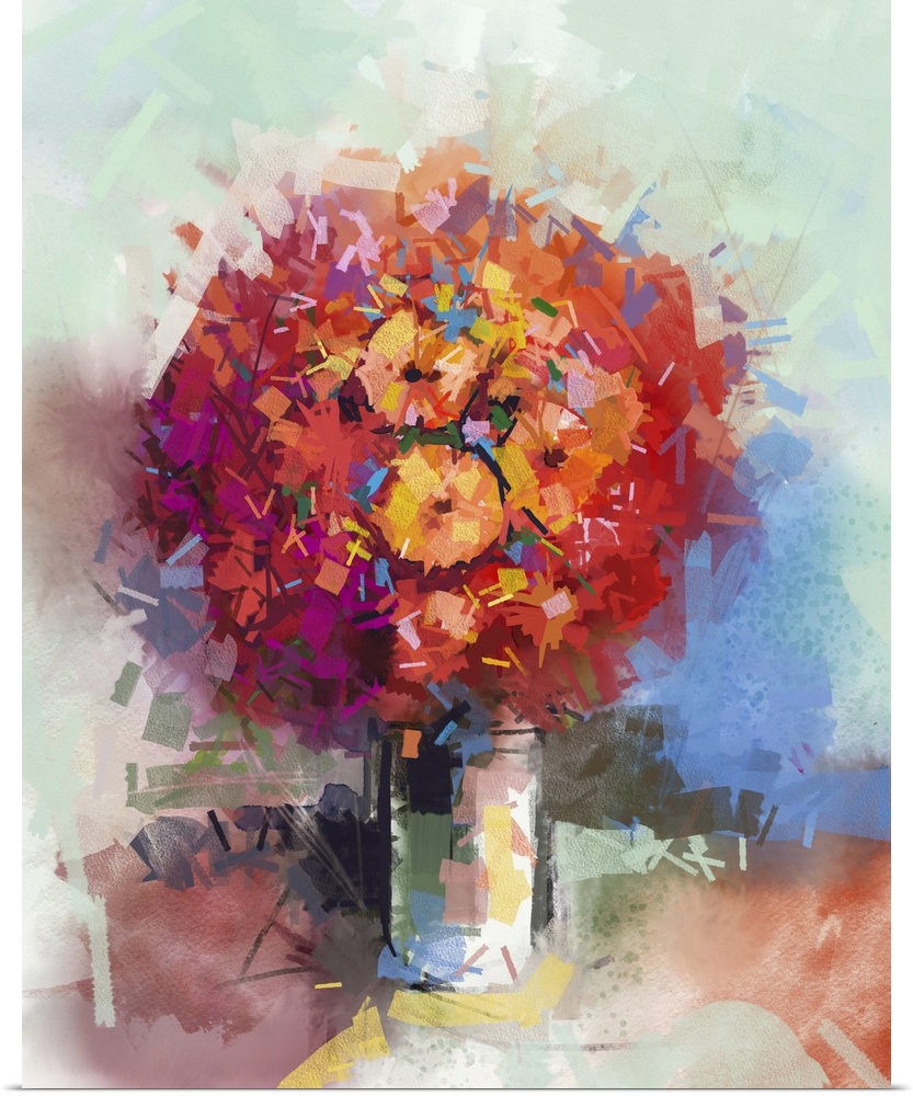 Abstract still life a bouquet of flowers. Originally an oil painting red gerbera flowers in vase. Originally hand painted ...