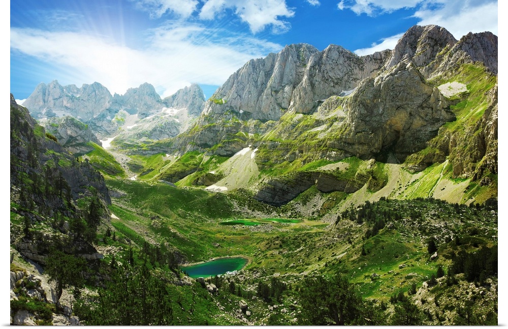 Amazing view of mountain lakes in Albanian Alps, National Park Theth, Albania.