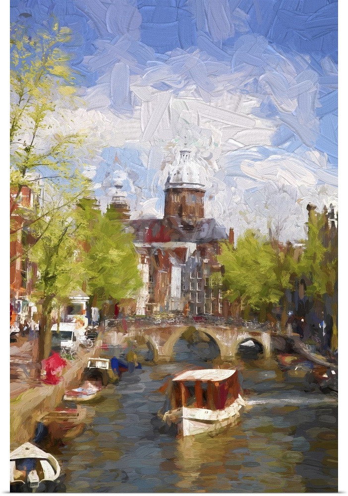 Famous Amsterdam city in Holland, artwork in a painting style.
