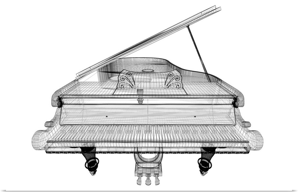 Antique grand piano with path, 3D model body structure, wire model.