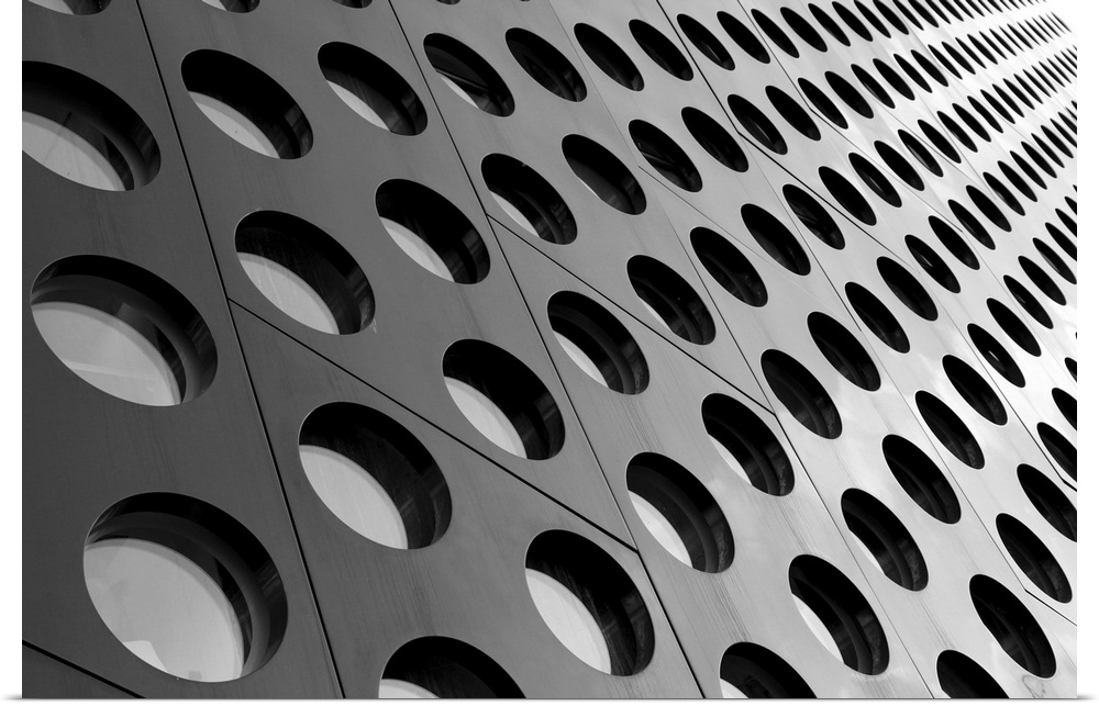 Black and white dotted architecture abstract with perspective.