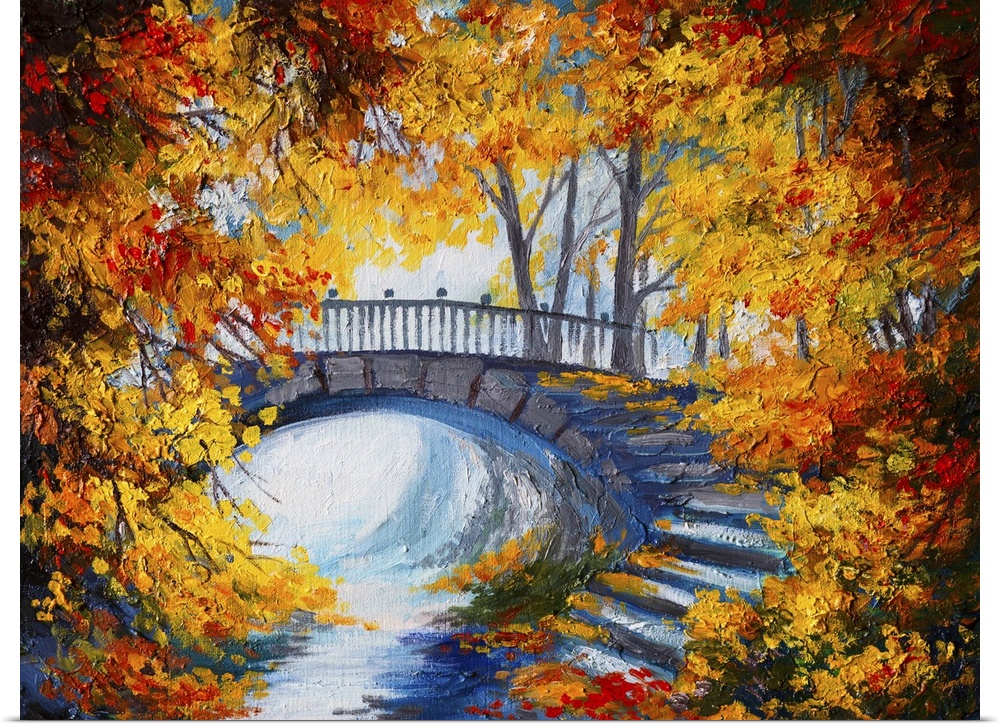 Originally an oil painting of autumn forest with a road and bridge over the road, bright red leaves.