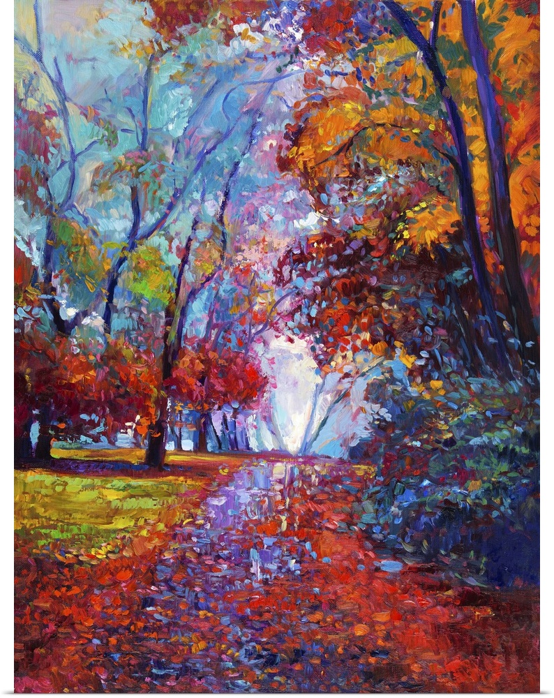 Originally an oil painting showing beautiful autumn forest on canvas. Modern impressionism.