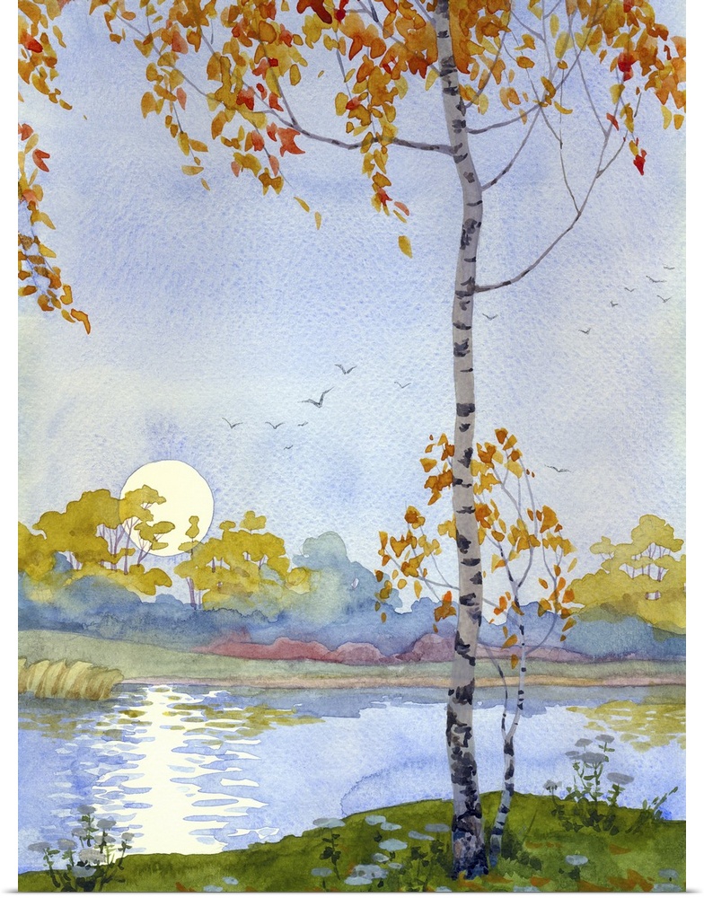 Watercolor landscape of an Autumn birch meeting the rising moon over the lake.
