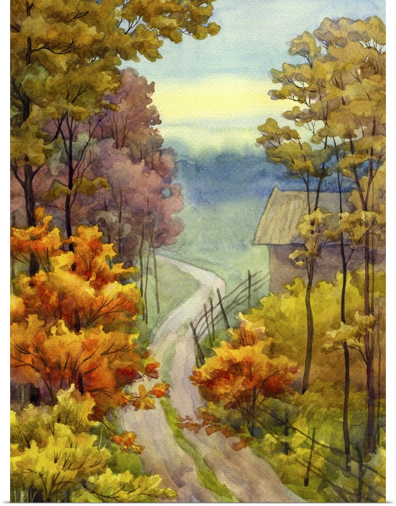 Watercolor landscape of a countryside view of a dirt road near an autumnal forest.