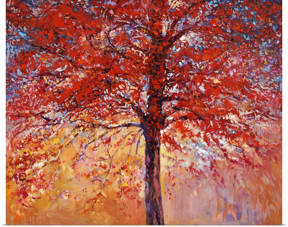Originally am oil painting showing beautiful autumn tree on canvas. Modern impressionism.