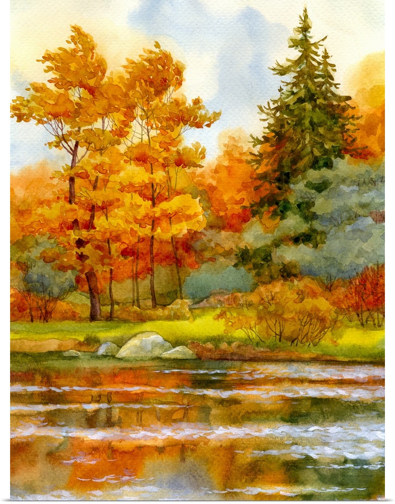Watercolor landscape of an autumnal forest on the lake.