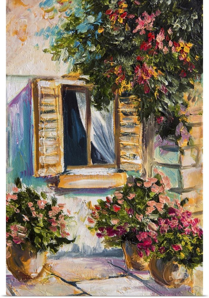 Originally an oil painting of beautiful nature, colorful flowers, street.