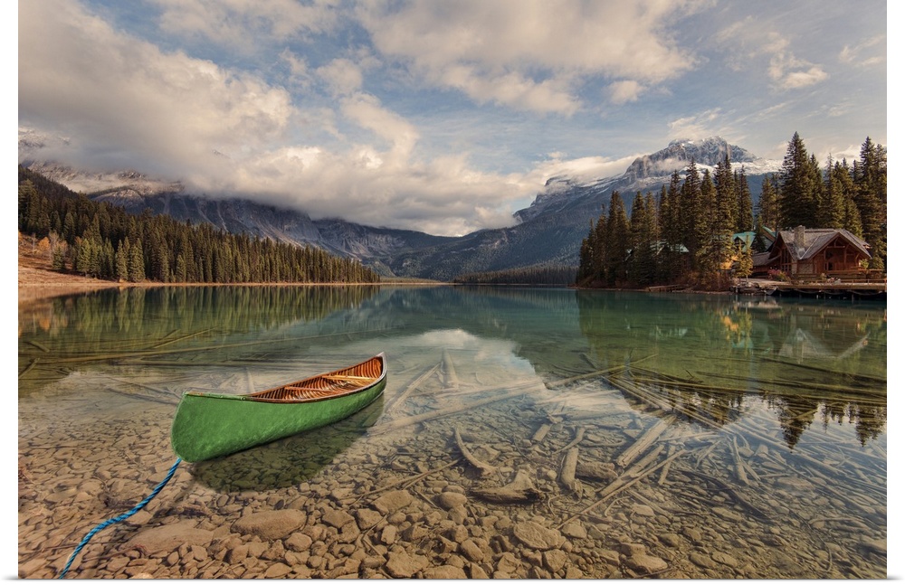 Boat on emerald lake in Yoho national park, British Columbia, Canada. It is the largest of Yoho's 61 lakes and ponds, as w...