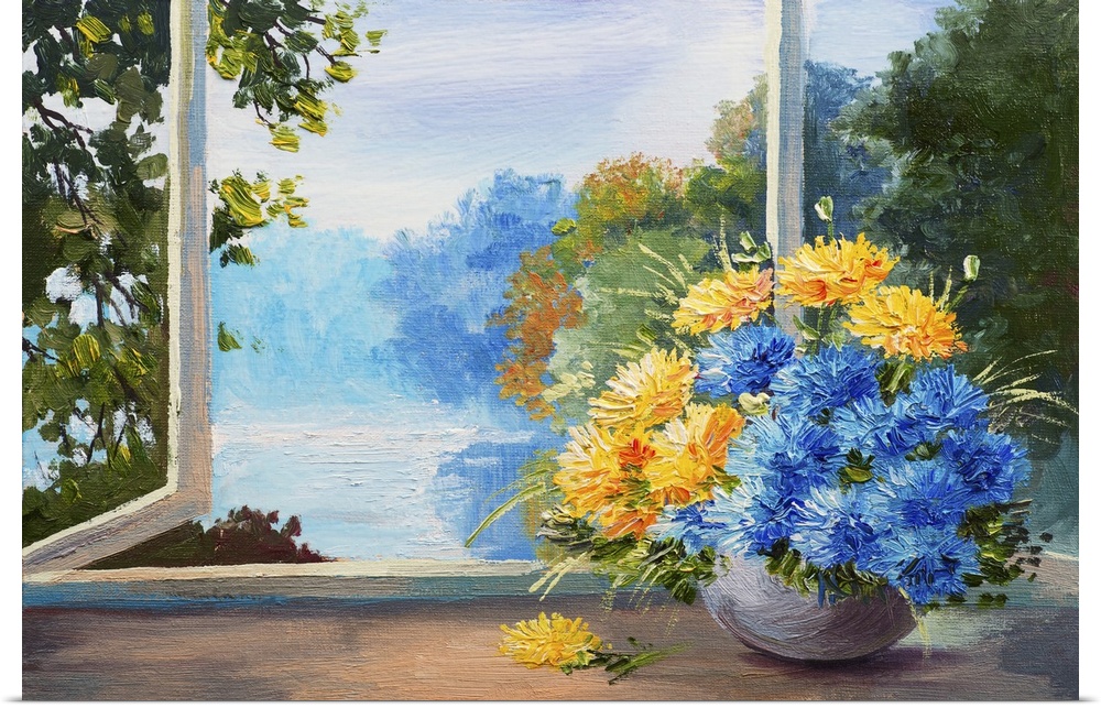 Bouquet of spring flowers on a table near the window. Originally an oil painting.