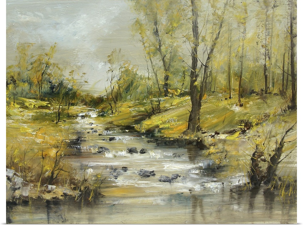 Brook with stones, originally an oil painting, artistic background.