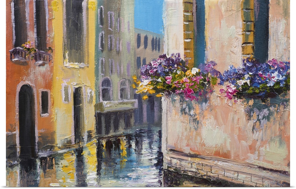 Originally an oil painting of a canal in Venice, Italy. Famous tourist place, colorful impressionism.