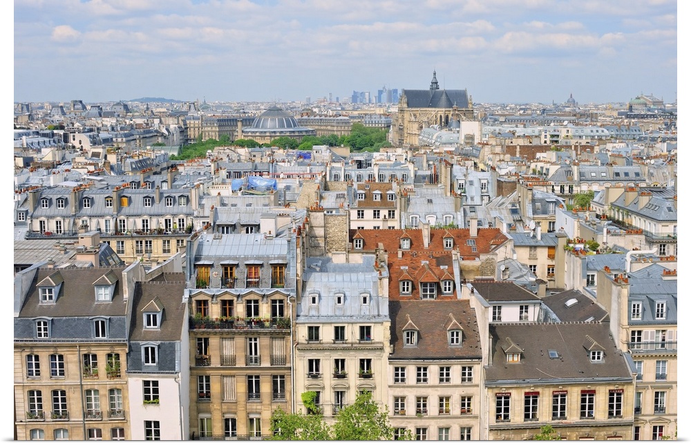 Aerial panorama above houses rooftops in a Paris.