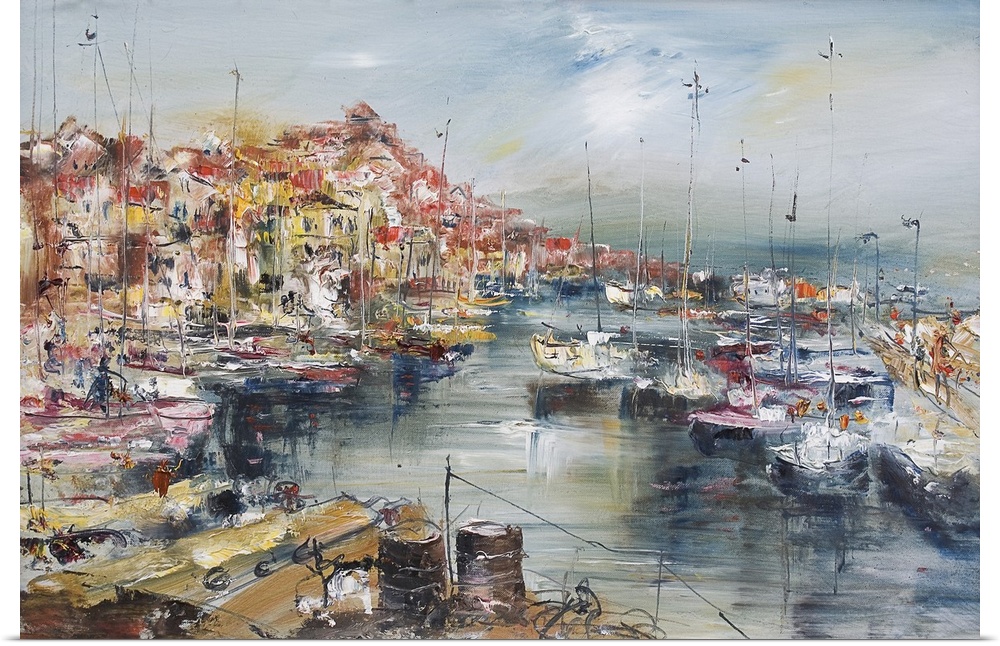 City by the sea and harbor, originally an oil painting of an artistic background.