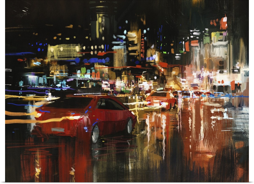 Originally a digital painting of city street at night with colorful lights.